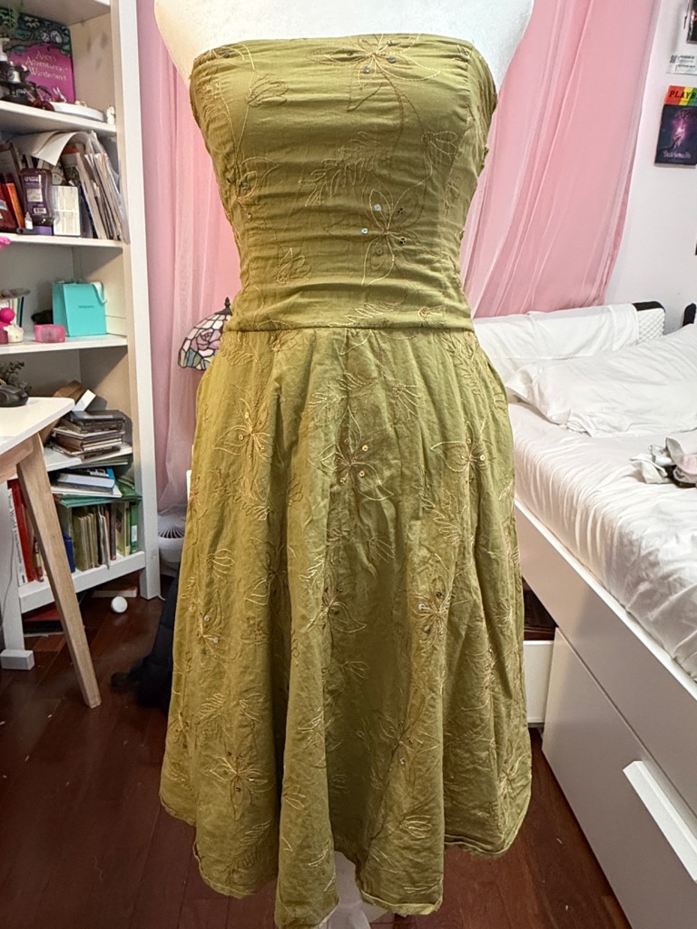 Trixxi Strapless Olive Green Floral Embroidered Dress